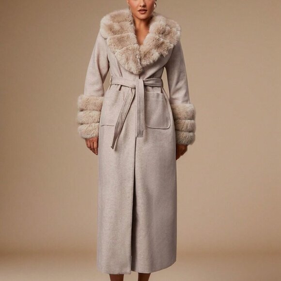 Jackets & Blazers - Khaki Elegant Womens Warm faux Fur trimmed belted Jacket  Coat